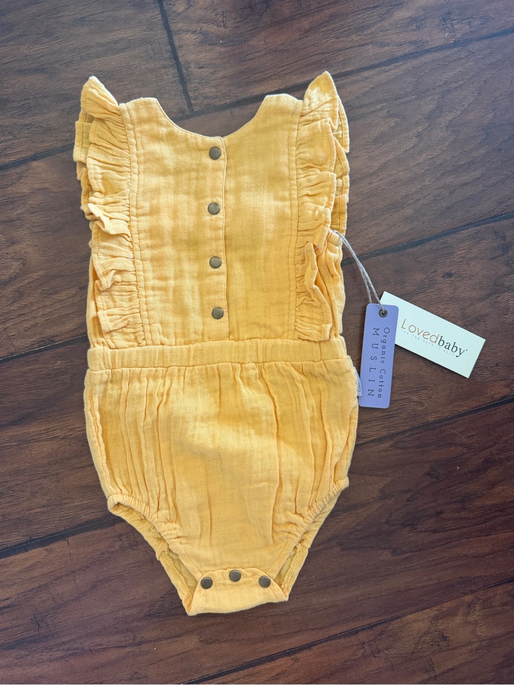 9-12m NWT L'ovedbaby Girls Organic Muslin Ruffle Bodysuit- Saffron Yellow - Picture 6 of 7